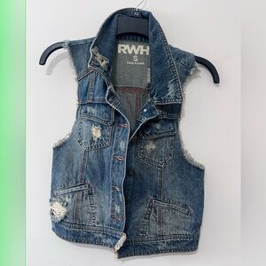 RWH Denim Sleeveless Vest with Distressed Details, Size Small